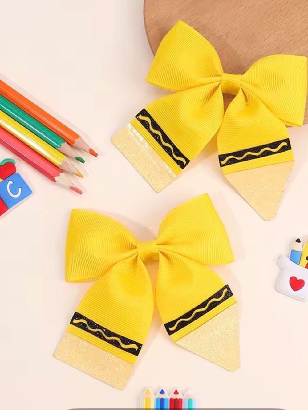 Yellow School Pencil Bow Hair Clips - Set of 2